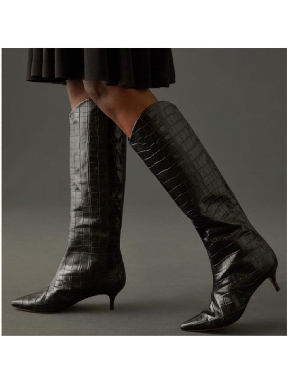 NWT Schutz Maryana Crocodile Embossed Black Leather Knee High Kitten Heel Boots